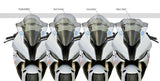 Side-by-side comparison of the 2023–2025 BMW S1000RR showing all four Zero Gravity windscreen options: Double Bubble, Sport Touring, Corsa, and Marc1.