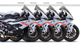 Side-by-side comparison of the 2023–2025 BMW S1000RR showing all four Zero Gravity windscreen models: Double Bubble, Sport Touring, Corsa, and Marc1.